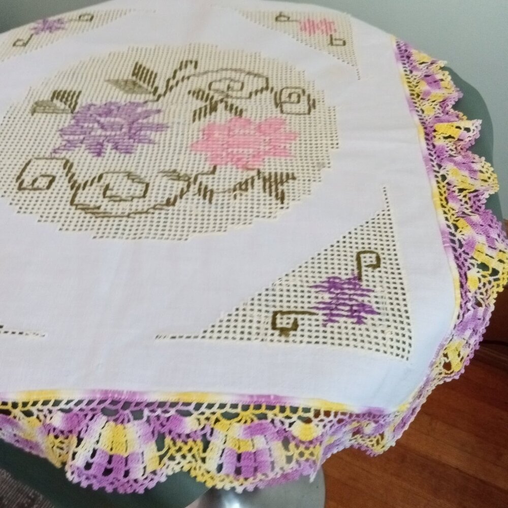 Colorful Small Square Table runner or Placemat with Crochet Border Linen Vintage
